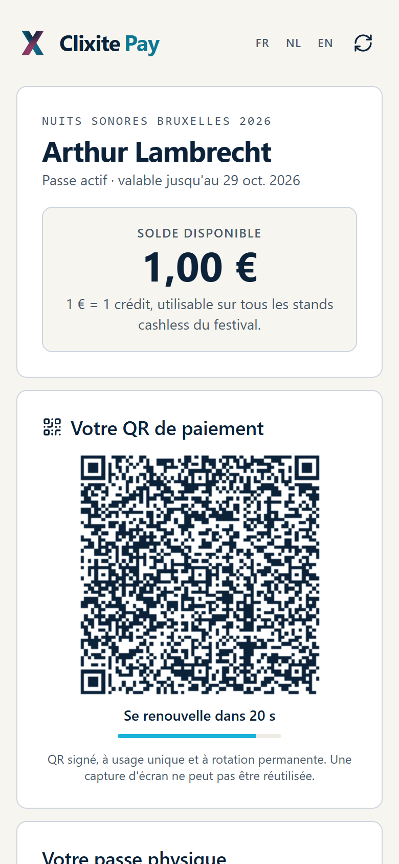 Passe cashless mobile avec solde et QR rotatif